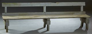 Louisiana Blue Painted Cypress Bench, 19th c., with a single slat back over a wide plank seat, on trestle supports, H.- 26 3/4 in., W.- 87 in., D.- 16