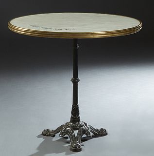 French Circular Bistro Table, 20th c., for "Cafe Garden Ice," the banded top on a wrought iron base, H.- 28 3/4 in., Dia.- 31 1/2 in.