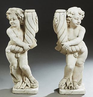 Pair of Cast Stone Putti Garden Figures, 20th c., each holding a cornucopia which once held a light or birdbath, on an integral square base, H.- 35 in