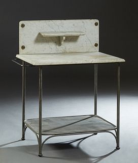 American Iron and Marble Top Washstand, early 20th c., the ogee edge rounded corner back splash with a central horizontal shelf, over a figured white 