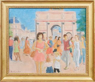 André Vignoles (1920-2017, French), "At the Market," 20th c., pastel on paper, signed lower left, presented in a gilt frame, H.- 17 3/4 in., W.- 20 1/