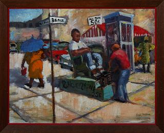 Dixie Durham (1913-2010, Arkansas), "Memphis Street Scene," 20th c., oil on canvas, signed lower right, presented in a mahogany frame, H.- 22 in., W.-