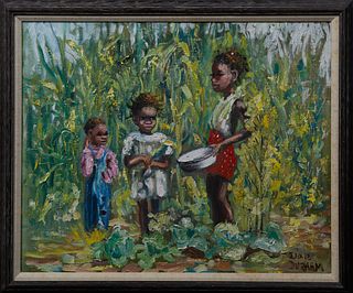 Dixie Durham (1913-2010, Arkansas), "Children in a Cornfield," 20th c., oil on canvas, signed lower right, presented in a distressed wood frame with a