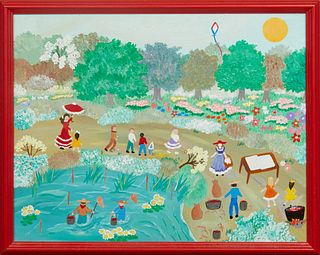 Louisiana School, "The Crawfish Boil," 20th c., oil on board, unsigned, presented in a narrow red polychromed frame, H.- 10 7/8 in., W.- 13 1/2 in.
