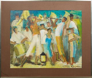 Paul G. Klein (1909-1944, French), "Dancing People," 20th c., oil on canvas, signed lower right, presented in a brass metal frame, H.- 19 1/4 in., W.-