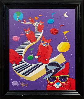 Jim Tweedy (1958-, Louisiana), "Red Cat Jazz," 1996, artist enhanced silkscreen print and acrylic on canvas, edition 13/200, signed lower left, presen