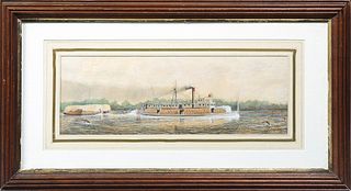 Southern School, "Paddlewheeler Hauling Cotton," watercolor, 19th c., signed in monogram "APB" lower right, presented in a gilt and mahogany frame, H.