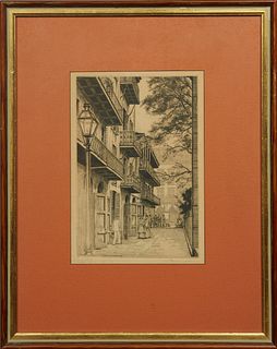 Morris Henry Hobbs (1892-1967, New Orleans), "Pirates' Alley - Old New Orleans," etching, ed. 200, pencil titled lower left margin, pencil numbered lo
