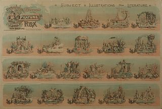 Mardi Gras Parade Bulletin, Rex, 1894, "Illustrations of Literature," lithographed by T. Fitzwilliam & Co., shrink wrapped, H.- 28 1/4 in., W.- 42 in.