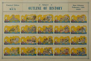 Mardi Gras Parade Bulletin, Rex, February 12, 1929, "Outline of History," printed by Searcy & Pfaff, shrink wrapped, H.- 28 1/2 in., W.- 42 1/2 in.