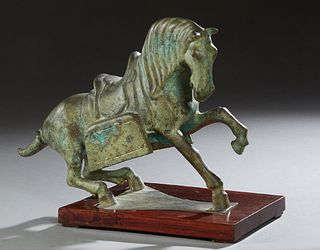 Very Heavy Chinese Tang Dynasty Style Bronze Horse, 19th c. or earlier, on an integral trapezoidal base, with a custom fitted mahogany plinth, Horse- 