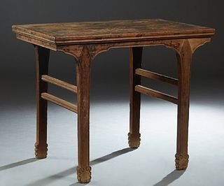 Chinese Carved Elm Wine Table, 19th c., the rectangular top over an arched skirt, on block legs, joined by rectangular stretchers, H.- 34 in., W.- 41 