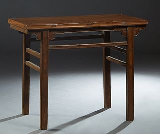 Chinese Carved Elm Wine Table, 19th c., Ming style, the rectangular top over reeded square legs, joined by rectangular stretchers, H.- 33 1/2 in., W.-