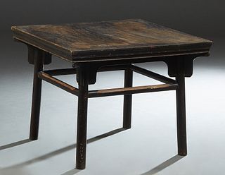 Chinese Carved Elm Square Low Table, 18th c., the reeded edge top on cylindrical block legs joined by cylindrical stretchers, H.- 22 1/2 in., W.- 30 i