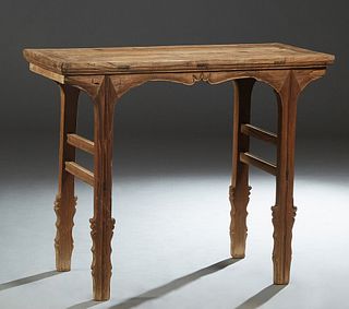 Diminutive Chinese Carved Mahogany Wine Table, late 19th c, the rectangular top over a shaped skirt, on four flat reeded carved legs, H.- 34 1/4 in., 