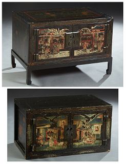 Two Pieces of Chinese Black Lacquer Furniture, early 20th c., consisting of a double door chest on stand, and another chest without a stand, both with