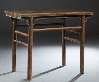 Chinese Carved Elm Wine Table, 19th c., in the Ming dynasty style, the reeded edge top on reeded block legs, joined by reeded stretchers, H.- 28 in., 