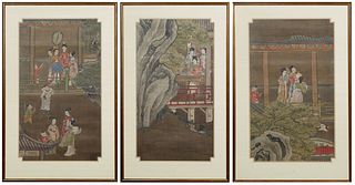Group of Three Chinese Figural Paintings, 19th c., oils on silk of figures on garden balconies, presented in gilt frames, H.- 30 1/2 in., W.- 17 3/4 i