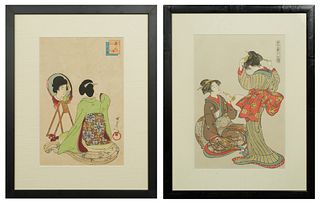 Toyohara Chikanobu (1838-1912, Japanese), "Kesho (Make-Up)," and "Two Geishas," 20th c., pair of woodblock and watercolor prints, after the 19th c. or