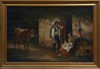 Pierre Bodard (1881-1937, French), "Family in a Farmyard, with Cow, Dog, and Chicken," 19th c., oil on canvas, signed lower right, presented in a cove