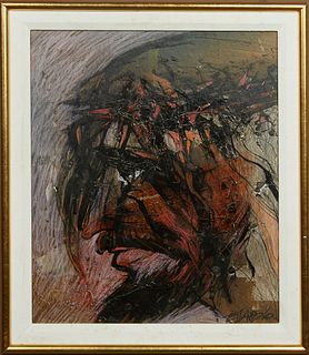 German Tessarolo (1945-, Italian/Argentinean), "Sufrimiento," 1999, acrylic on board, signed lower right, presented in a gilt frame, H.- 16 1/8 in., W