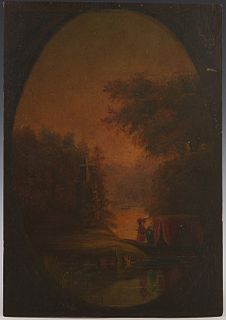 Theodore S. Sperry (1822-1878, Connecticut), "Traveler's Shrine by the River," 19th c., oil on Cuban cigar box lid, signed lower right, verso marked "