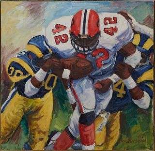 Nico Wiersema, "The Football Game," 1987, oil on canvas, signed and dated lower right, presented in a brass frame, H.- 37 1/8 in., W.- 37 1/8 in.; fra