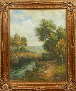 Chinese School, "Landscape with River," 20th c., oil on canvas, signed lower left, presented in a gilt frame, H.- 40 1/8 in., W.- 30 in., Framed H.- 5