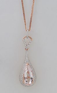 14K Rose Gold Pendant, with a pear shaped 3.02 ct. morganite atop a pave diamond mounted "gourd" form pendant, with a diamond mounted bail, on a 14K r