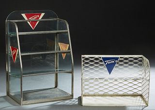 Two Tom's Products Countertop Advertising Items, 20th c., one a tapering glass case with glass shelves; the second an open metal shelf, both with the 