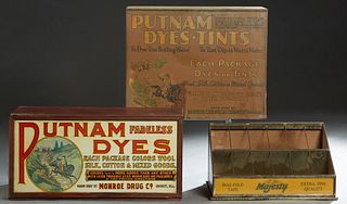 Group of Three Tole Countertop Advertising Items, early 20th c., consisting of a "Majesty" bias tape holder display; and two Putnam Dyes displays, Lar