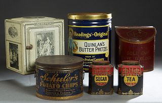 Group of Six Tole Advertising Items, c. 1900, consisting of a John Buchanan tea and sugar canister; a circular Schuler's potato chip box; a circular c