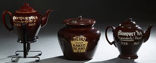 Three Country Store Brown Glazed Ceramic Countertop Advertising Items, early 20th c,., consisting of two "Banquet Tea- A Wonderful Flavor, Iced or Hot