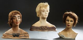 Group of Three Terracotta Mannequin Head Display Busts, c. 1950 by John Micheli Studio, NYC, with hand painted eyes and lips, H.- 16 in., W.- 17 in., 