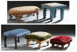 Group of Five American Footstools, 19/20th c., consisting of a needlepoint covered example; a long mahogany example with a blue floral covering; a bob