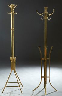 Two American Coat Racks, 20th c., one circular, of brass plated iron, on cylindrical legs; the second brass of square form, c. 1910, on splayed flat l