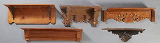 Group of Five American Hanging Bracket Shelves, 19th c., one of oak, two of pine and two walnut, Pine- H.- 15 in., W.- 32 in., D.- 12 in. (5 Pcs.)