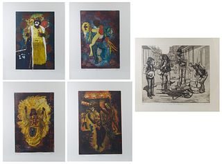 Phillip Sage (1942-, New Orleans) Group of Five Etchings, consisting of, "Mardi Gras Indians," "Fats Houston," "Flambeaux," "Royal Street Musicians," 