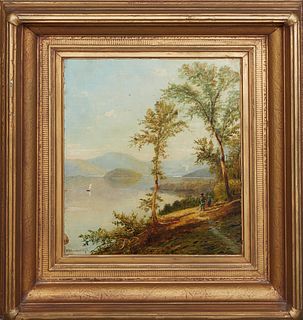 Edmund Darch Lewis (1835-1910, American), "Figures Overlooking a Lake Scene," 1871, oil on board, signed and dated lower left, presented in a gilt and