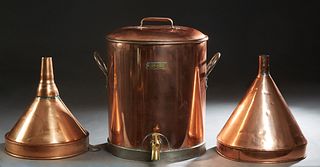 Three Large Copper Kitchen Items, 19th c., consisting of two funnels, and a Scottish water urn with iron handles, a brass label for "William Waddell, 