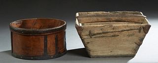 Two Primitive Wood Kitchen Objects, 19th c., consisting of an iron reinforced cutlery tray; and an iron bound circular bentwood pantry box, Tray- H.- 