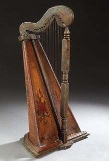 Carved Painted Celtic Table Harp, 19th c., with faux bois and floral decoration, on a stepped hexagonal base, H.- 30 in., W.- 19 1/4 in., D.- 10 1/4 i