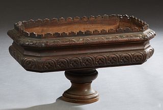 Unusual French Carved Oak Planter, 19th c, of octagonal form, with a sawtooth edge top over grooved and floral carved sides, on a circular turned socl