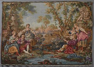 French Tapestry, 20th c., in the 18th c. style, depicting an outdoor scene with a fisherman and revelers, unframed, H.- 39 in., W.- 54 in.