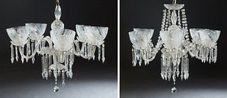 Pair of Six Light Glass and Crystal Chandeliers, 20th c., the knopped glass support issuing six curved arms with glass bobeches, hung with button and 