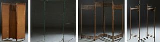 Four Folding Dressing Screen Panels, late 19th c., one of bamboo with four panels, lacking cloth interiors; one three panel stick and ball example, wi