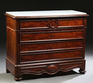 French Louis Philippe Carved Walnut Marble Top Secretaire Commode, 19th c., the inset figured white ogee marble, over a drop front secretary with an i