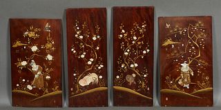 Group of Four Oriental Inlaid Panels, 20th c., with mother of pearl and bone inlay, two depicting figures in a garden, and two with roosters, unframed