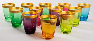 Colored Glass Tumblers with Gilt Rims, Set of 12