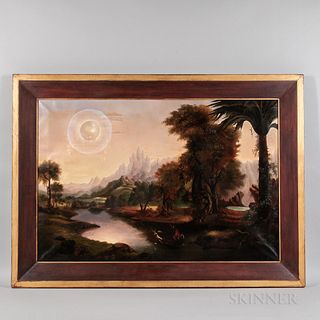 Manner of Erastus Salisbury Field (Massachusetts, 1805-1900)

Fantastic Allegorical Landscape. Unsigned. Oil on canvas, the exotic landscape with moun